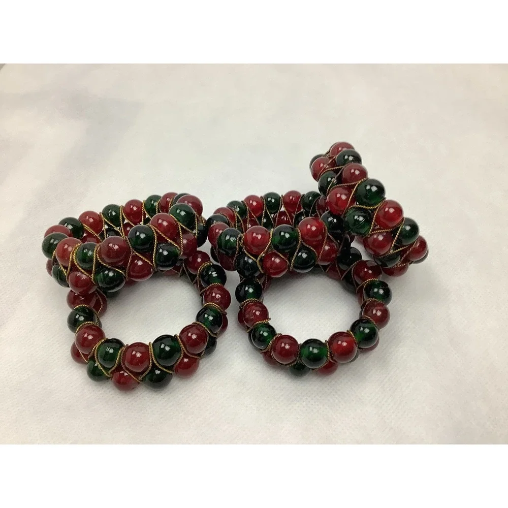 Vintage Red Green Beaded Napkin Rings Gold Wire Christmas Holiday Set of 5
